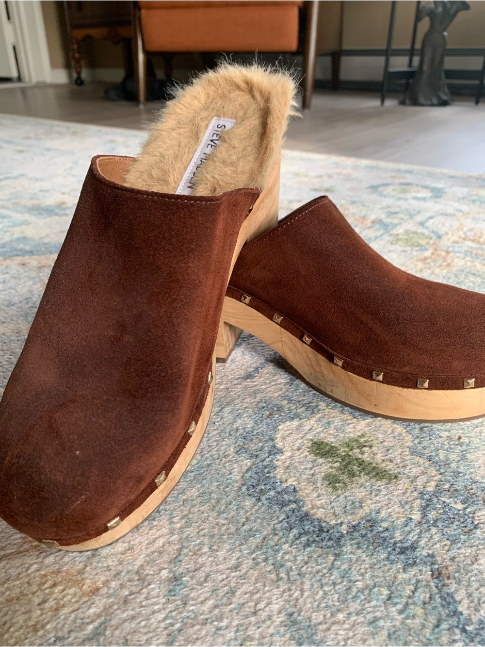 Steve Madden Brown Suede Fur-Lined Clog Mules